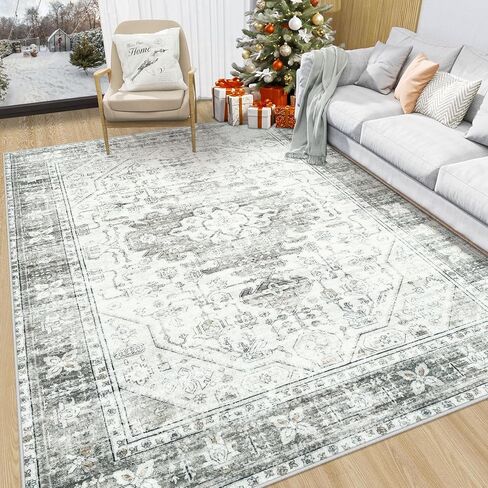 5x7 Washable Rugs: Vintage Living Room Rugs Boho Soft Stain Resistant Area Rugs with Low Pile Distressed Carpet for Living Room Bedroom Dining Room Nursery Home Office (Grey, 5'x7') in Saudi Arabia