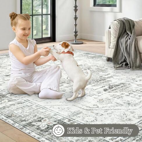 5x7 Washable Rugs: Vintage Living Room Rugs Boho Soft Stain Resistant Area Rugs with Low Pile Distressed Carpet for Living Room Bedroom Dining Room Nursery Home Office (Grey, 5'x7') in Saudi Arabia