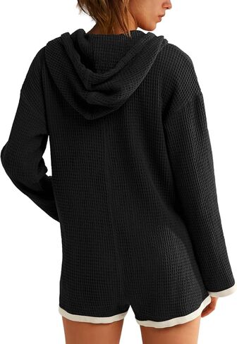 Yanekop Womens V Neck Romper Waffle Knit Jumpsuit Short Overalls Romper One Piece Jumper with Hoodie(Black,L) in Saudi Arabia