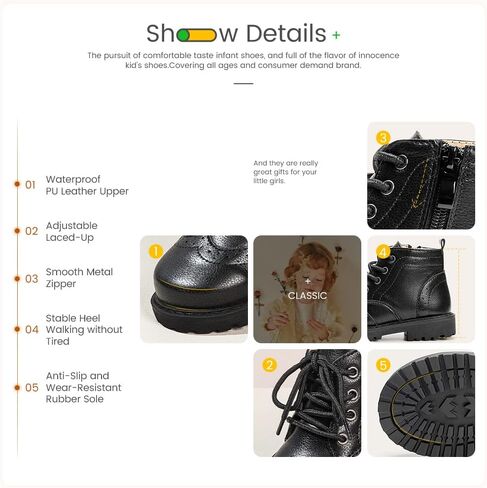 Meckior Toddler Girls Boys Combat Ankle Boots Little Kid Zipper Lace Up Waterproof Outdoor Chelsea Booties Leather Fashion School Uniform Dress Boots in Saudi Arabia