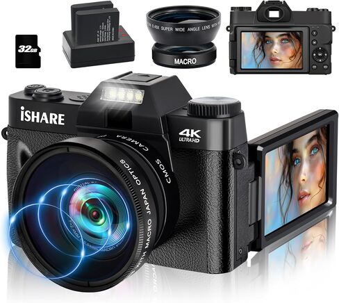 4K Digital Camera for Photography, 48MP FHD Video Camera with WiFi, 3 Inch Flip Screen, 16X Digital Zoom, Vlogging Camera for YouTube (32G Micro Card) in Saudi Arabia