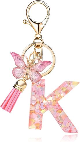 Fashion Alphabet Initial Letter Keychain Tassel Butterfly Pendant Key Ring for Purse Handbags Women Girl in Kuwait