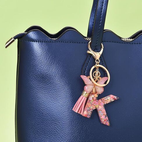 Fashion Alphabet Initial Letter Keychain Tassel Butterfly Pendant Key Ring for Purse Handbags Women Girl in Kuwait