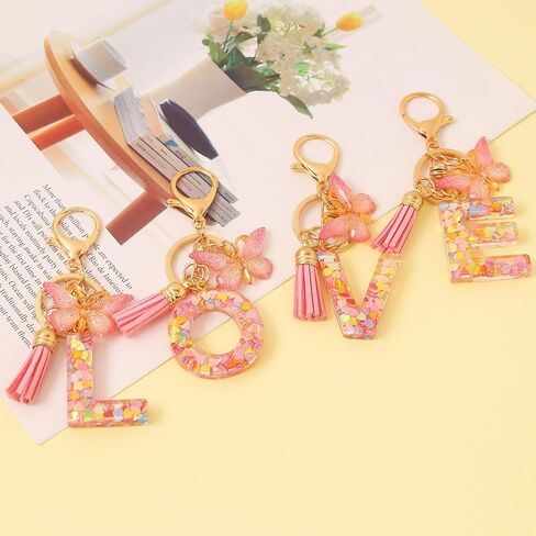 Fashion Alphabet Initial Letter Keychain Tassel Butterfly Pendant Key Ring for Purse Handbags Women Girl in Kuwait