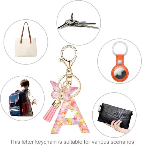 Fashion Alphabet Initial Letter Keychain Tassel Butterfly Pendant Key Ring for Purse Handbags Women Girl in Kuwait