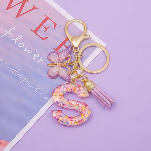 Fashion Alphabet Initial Letter Keychain Tassel Butterfly Pendant Key Ring for Purse Handbags Women Girl in Kuwait