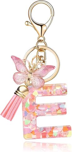 Fashion Alphabet Initial Letter Keychain Tassel Butterfly Pendant Key Ring for Purse Handbags Women Girl in Kuwait