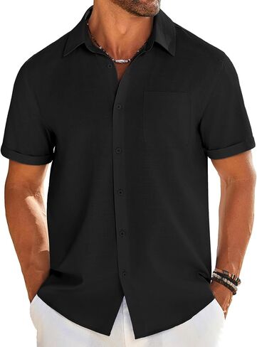 COOFANDY Mens Casual Linen Shirt Short Sleeve Button Down Shirt Summer Beach Shirts with Pocket in Saudi Arabia