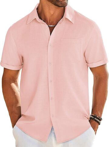 COOFANDY Mens Casual Linen Shirt Short Sleeve Button Down Shirt Summer Beach Shirts with Pocket in Saudi Arabia