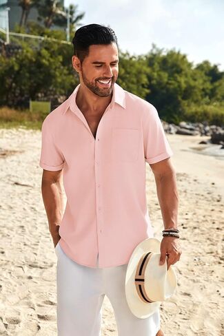COOFANDY Mens Casual Linen Shirt Short Sleeve Button Down Shirt Summer Beach Shirts with Pocket in Saudi Arabia