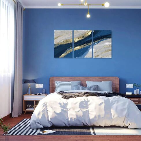 Sycdeor Blue Abstract Picture Canvas Wall Art Hand-Painted with Gold Foil for Living Room Bedroom Home Office Wall Decor 12"x16" Set of 3 in Saudi Arabia