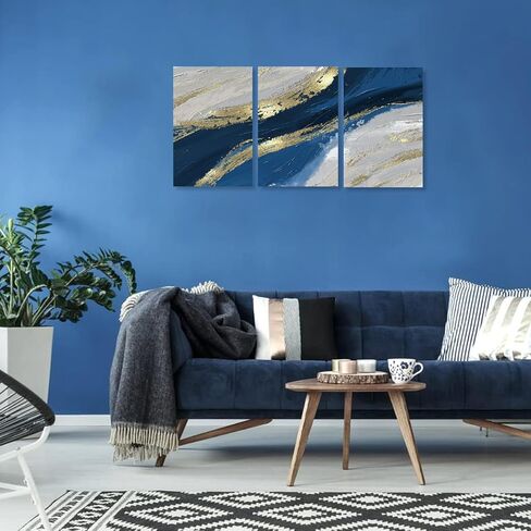 Sycdeor Blue Abstract Picture Canvas Wall Art Hand-Painted with Gold Foil for Living Room Bedroom Home Office Wall Decor 12"x16" Set of 3 in Saudi Arabia