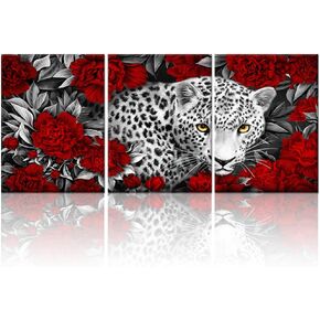 Kalormore 3 Pieces Wildlife Animal Canvas Wall Art Black and White Burgundy Red Leopard with Yellow Eyes in Blossom Poeny Flowers Painting Picture Framed and Stretched Artwork for Modern Living Room
