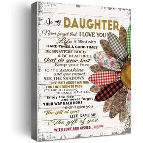 Wailozco Gifts for Daughter -Hangable Canvas Poem Prints Framed Poster Wall Art for Daughter from Mom-Meaningful Daughter Gifts,Daughter Home Bedroom Living Room Wall Decor- Love Shaped Sunflower