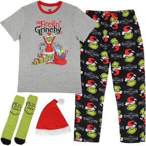 Dr. Seuss The Grinch Men's Feelin Grinchy 4-Piece Adult Holiday Lounge Sleep Gift Set with Pants T-Shirt Hat Socks