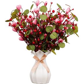 Valentines Day Decorations, 8 Pack Valentine’s Day Picks Pink Heart Berry Stems with Red Berry and Green Leaf for Valentine’s Day, Valentines Day Gift, Anniversary Wedding Home Decorations（17inch）