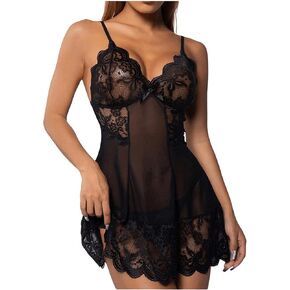 Women's 2 Piece Lingerie Sets Spaghetti Strap Lace Sheer Scallop Trim Cami Nightdress with Panty