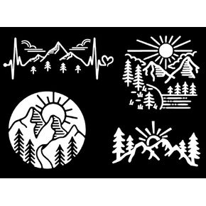 Mountain Decals 4 Pack: Mountain Heartbeat, Sun Mountain Trees, Mountain Cartoon Decal, Circle Mountains (Small ~3.5", White)