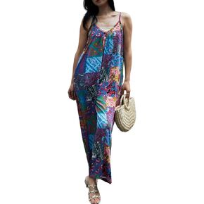 KMAZN Womens Casual Loose Floral Bohemian Summer Jumpsuits Plus Size Beach Rompers One Piece Outfits with Pockets