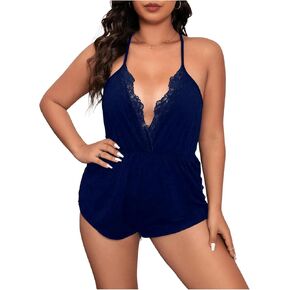 Women's Plus Size Lace Trim Sleep Romper Sleeveless Deep V Neck Halter Pajama Nightwear