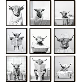 SEHSUVC Bathroom Cow Posters Wall Art Set of 9, Highland Cow Canvas Prints Pictures, Vintage Funny Art Animal Restroom Wall Decor for Bathroom Farmhouse Kids Bathroom Decoration 8x10In Unframed