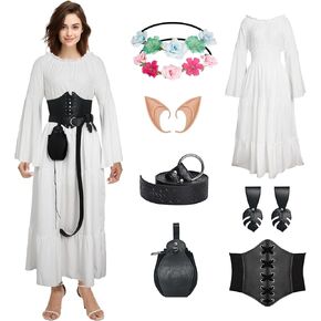 7Pcs Women's Medieval Renaissance Costume Victorian Dress with Fairy Wreath Corset Halloween Elf Dress