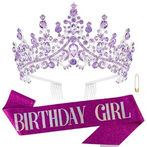 Birthday Girl Sash Tiara Queen Crown Tiaras and Crowns for Women Girls Multicolor Crystal Princess Tiara Rhinestone Headbands Quinceanera Crown Happy Birthday Decorations Accessories for Wedding Bride Bridal Cosplay Prom Halloween Party Supplies