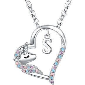 Anoup Unicorn Gifts for Girls - Unicorn Initial Necklace, 14K Gold Plated Throughout Hypoallergenic | Colorful CZ Simulated Diamond Pendant | Fashion Cute Unicorn Jewelry | Birthday Gifts for Girls