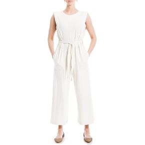 Max Studio Women's French Terry Waist Tie Jumpsuit, Crewneck, Pockets, Waist Tie