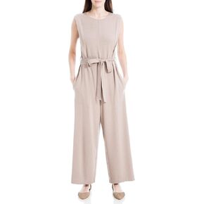 Max Studio Women's French Terry Waist Tie Jumpsuit, Crewneck, Pockets, Waist Tie