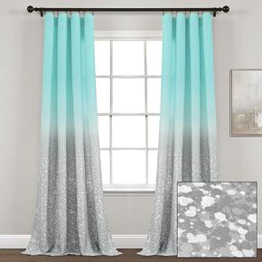 Lush Decor Glitter Ombre Metallic Print Window Curtain Panel Pair, 84" L x 52" W, Aqua & Gray