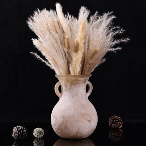 Vintage Frosted Green Glass Vase with 2 Handles, Farmhouse Texture Vase for Decor Old Rustic Looking, Pampas Grass Decor, Dining Table Centerpieces (Brown)