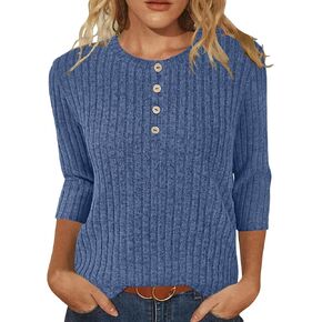 JomeDesign Sweaters for Women 3/4 Sleeve Tops Round Neck Sweatshirt Loose Casual Blouses