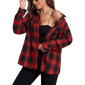 MARZXIN Plaid Flannel Shirt for Women Oversized Long Sleeve Button Down Shirts Casual Loose Blouse Tops