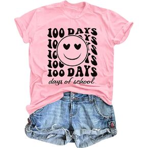 100 Days of School Shirt Teacher Shirts for Women Girls Smiling Face Graphic Student T-Shirt School Days Tee Tops