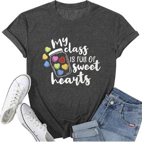 Valentines Day Teacher Shirts for Women My Class is Full of Sweet Hearts Graphic Tees Top Teacher Life Short Sleeve T-Shirts
