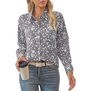 Women's Business Casual V Neck Floral Print Long Sleeve Blouses Fashion Button Down Tops Roll Up Bohemian Shirts