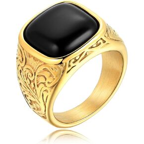 Vintage Black Onyx Ring for Men Stainless Steel Antique Swirl Pattern Ring