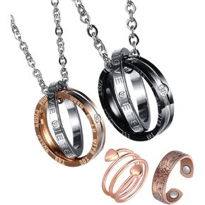 Feraco His Hers Matching Set Necklace For Couples & Copper Rings Set Titanium Stainless Steel Promise Love Pendant Necklaces Gifts for Anniversary