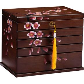 Vintage hand-drawn Jewelry Box Wood, 5-Layer Wooden Jewelry Organizer Boxes with 4 Drawers, Multi-functional Jewelry Storage Case for Wowen with lock Christmas Gifts