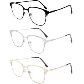 MMOWW 3 Pack Square Blue Light Blocking Reading Glasses Metal Frame Spring Hinges Computer Readers for Men Women