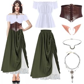 Blosssound 6 Pieces Renaissance Costumes for Women Halloween Cosplay Adult Medieval Fairy Elf Dresses Outfits Accessories Set