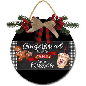 Gingerbread Wishes Sign Front for Door Decoration, 12 in Round Wood Wreaths Wall Hanging Outdoor, Farmhouse, Porch, for Spring Summer Fall All Seasons Holiday Christmas