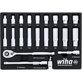 Wiha 33796 مجموعة 22 قطعة 3/8 بوصة Drive Professional القياسية وصينية المقبس العميق - SAE