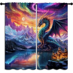 Dragon Blackout Curtains for Boys Girl Bedroom Decor,Fantasy Creature Castle Colorful Clouds Thermal Insulated Rod Pocket Drapes Darkening Window Curtain for Living Room Home 42x45 inch
