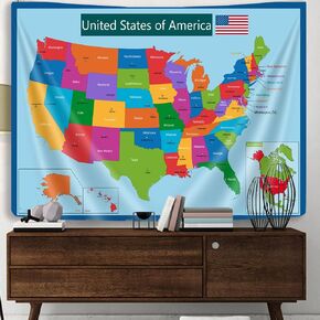 JAWO United State Map Tapestry, US Maps Tapestry for Kids Adults, Educational Posters Tapestry Wall Hanging for Preschool Playroom Classroom Bedroom Living Room Dorm 60X40 Inch