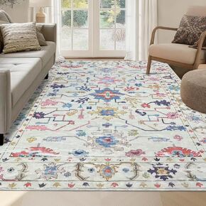 5x7 Area Rugs for Living Room, Soft Non-Slip Bedroom Rug Boho Print Distressed Vintage Low Pile Throw Rugs with Rubber Backing Washable Carpet for Bedroom Dining Room Kitchen Home Decor, Green