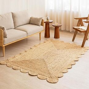 HOMEMONDE Natural Handwoven 6x9 ft Jute Area Rug - Scalloped Braided Rustic Farmhouse Indoor Rugs for Boho Home Decor, Living Room, Bedroom, Dining Room in Kuwait