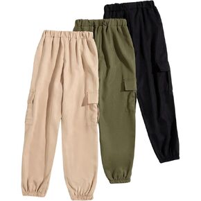 WDIRARA Girl's 3 Pack Elastic Waist Cargo Pants Running Jogger Pants with Pockets