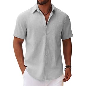 COOFANDY Men's Button Down Short Sleeve Shirt Casual Cotton Summer Beach Linen Wedding Shirts with Pocket